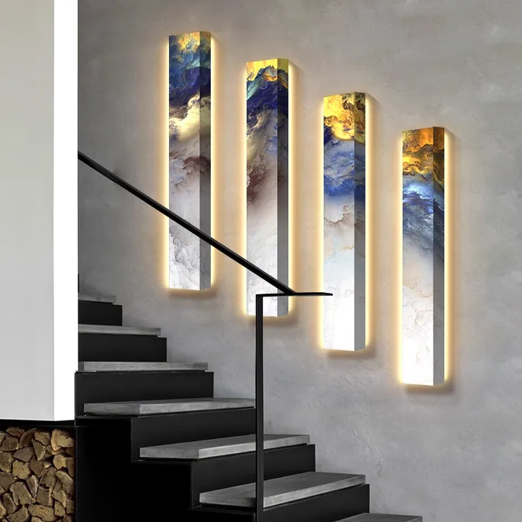 别墅楼梯窄长条装饰画轻奢现代复式竖版抽象云彩走廊过道挂画