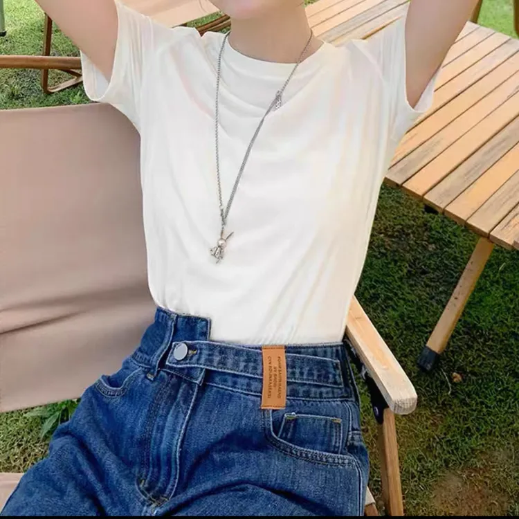 小白t丝光棉白色t恤女短袖夏季圆领百搭上衣基础女士T恤多色不透