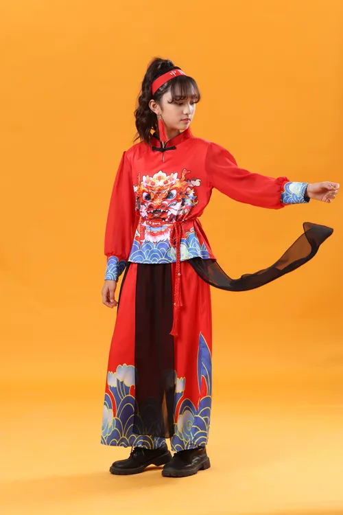 红色打鼓服中国风演出服国潮舞蹈表演服民族风广场舞秧歌队服套装