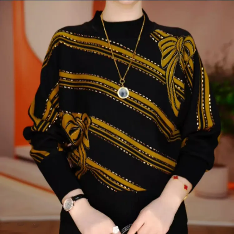 潮流百搭高级洋气针织常规法式长袖毛衣舒适烫钻圆领针织衫上衣