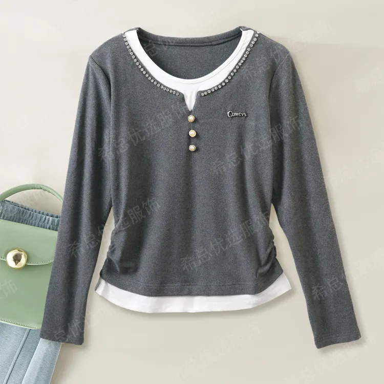 假两件拼接显瘦百搭时尚上衣重工钉珠纽扣打底衫上衣2025秋冬新款