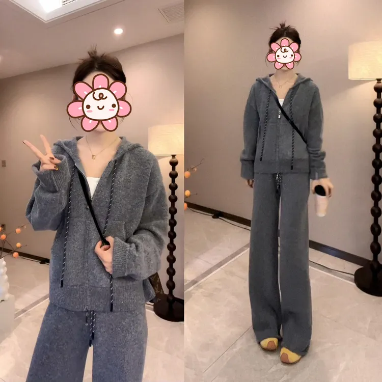 网红时尚炸街新款套装女2025秋季慵懒感休闲连帽开衫外套+阔腿裤