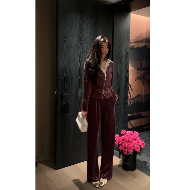 N.COU妮蔻25秋新款气质百搭撞色连帽丝绒上衣阔腿裤套装女DY78290