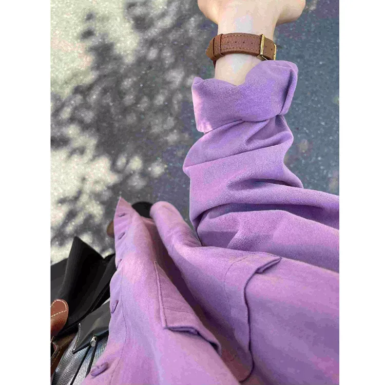 法式高级感紫色纯棉衬衫外套女宽松长袖慵懒风早秋季气质衬衣上衣