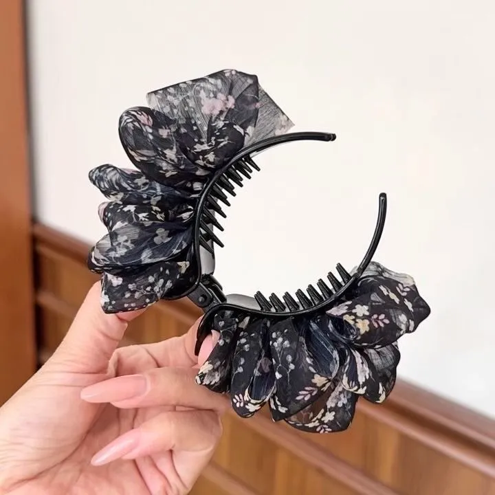 网纱褶皱抓夹女高级鲨鱼夹新款气质发饰半扎发盘发器后脑勺盘发夹