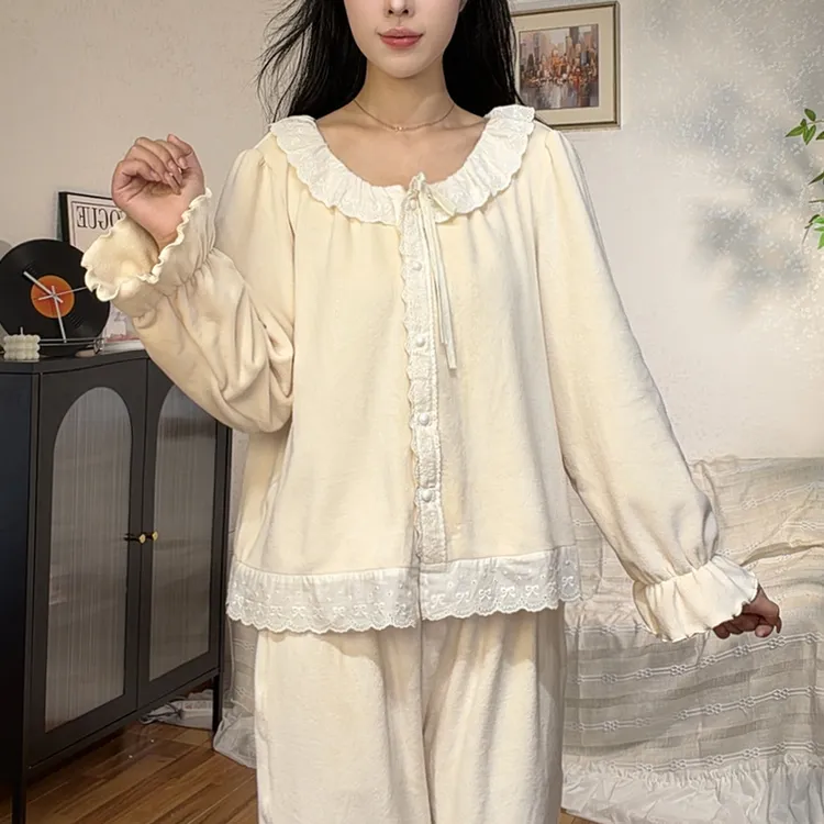 海岛绒超柔软睡衣女2025秋冬甜美公主风蕾丝花边家居服套装S25249