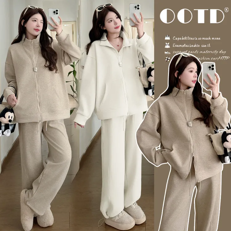 特厚款孕妇装秋冬装套装韩版时尚简约休闲加绒加厚卫衣上衣阔腿裤