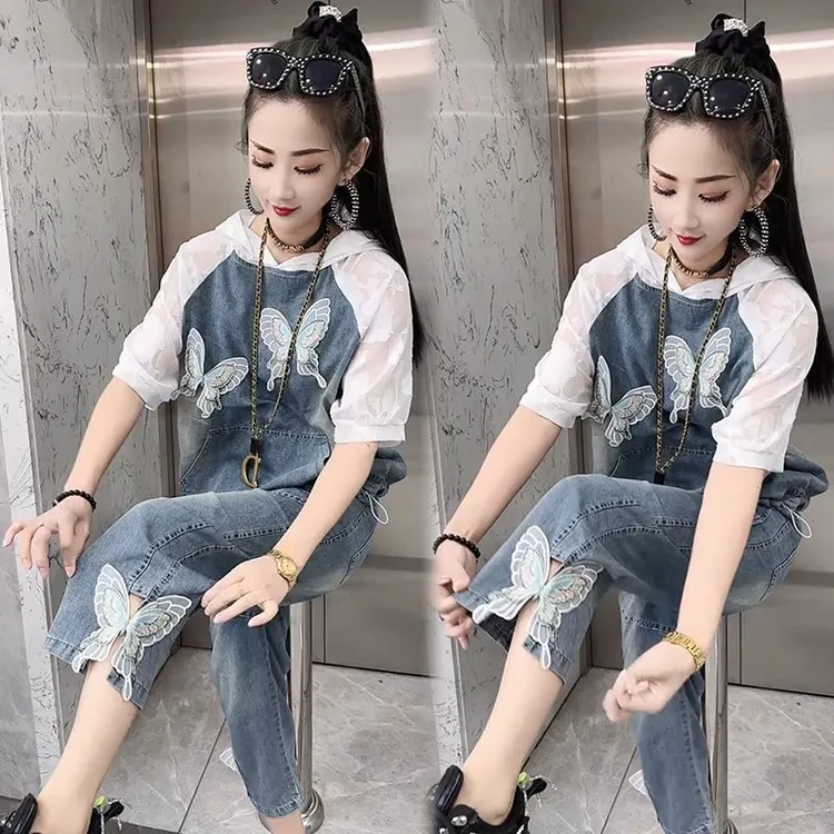 2025春夏新款牛仔拼接套装女宽松大码连帽洋气休闲时尚显瘦两件套