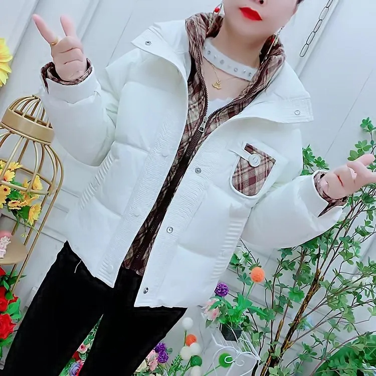格子棉袄女短款2025冬季新款假两件棉服加厚保暖立领棉衣百搭外套
