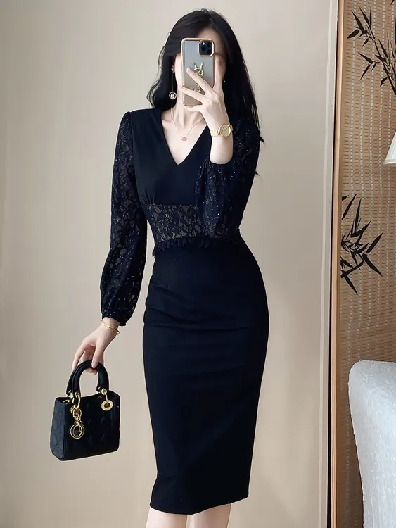 拼接连衣裙赫本风黑色针织裙轻奢气质长裙包臀显瘦