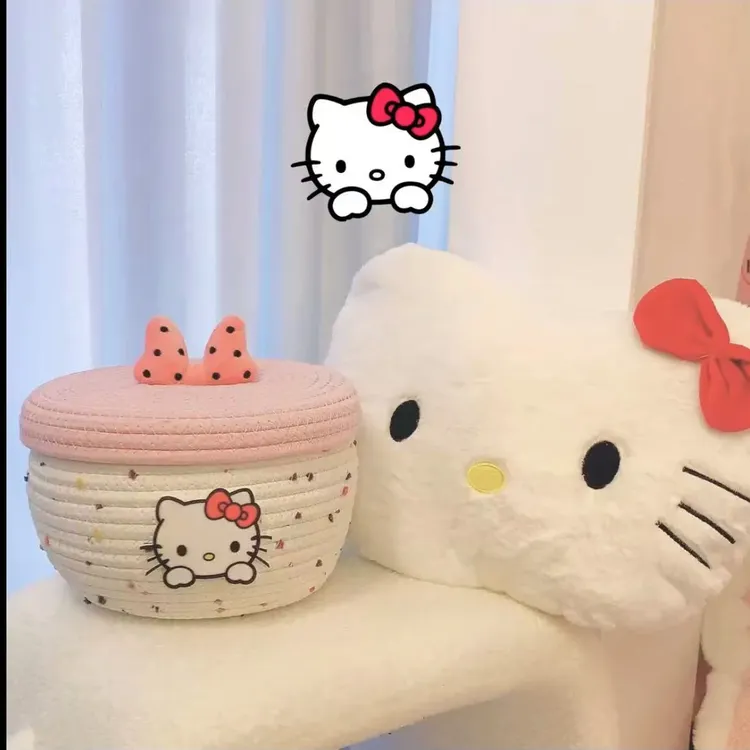 桌面编织卡通可爱有盖收纳筐出租屋化妆品钥匙玄关棉绳杂物零食筐
