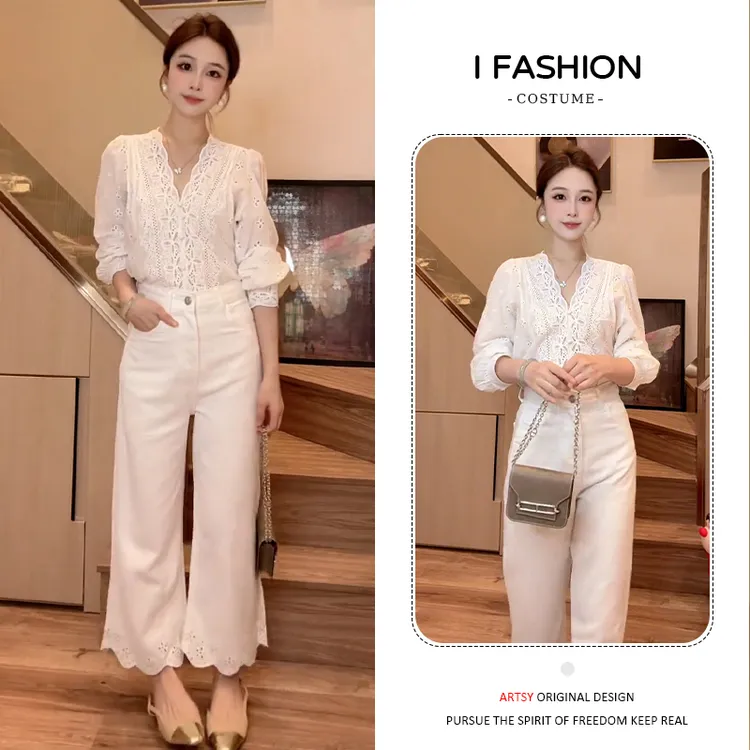 休闲洋气减龄套装女2025春秋新款设计感v领蕾丝衬衫喇叭裤两件套