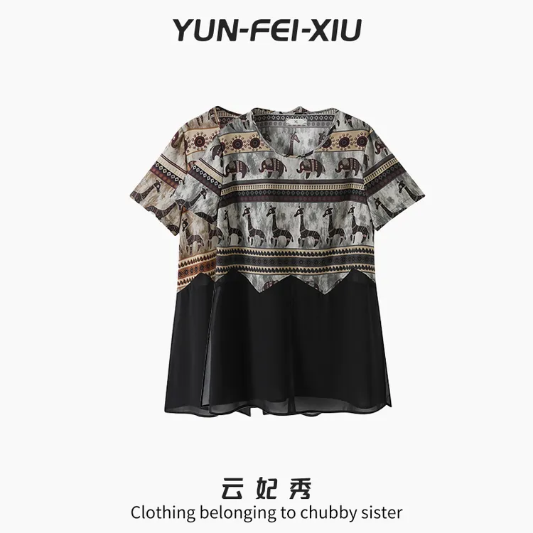 云妃秀大码女装T恤休闲时尚胖妹妹显瘦宽松韩版百搭上衣夏季78006