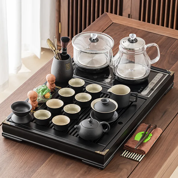 功夫茶具套装家用实木小茶台整套茶杯茶盘轻奢高档全套玻璃烧水壶