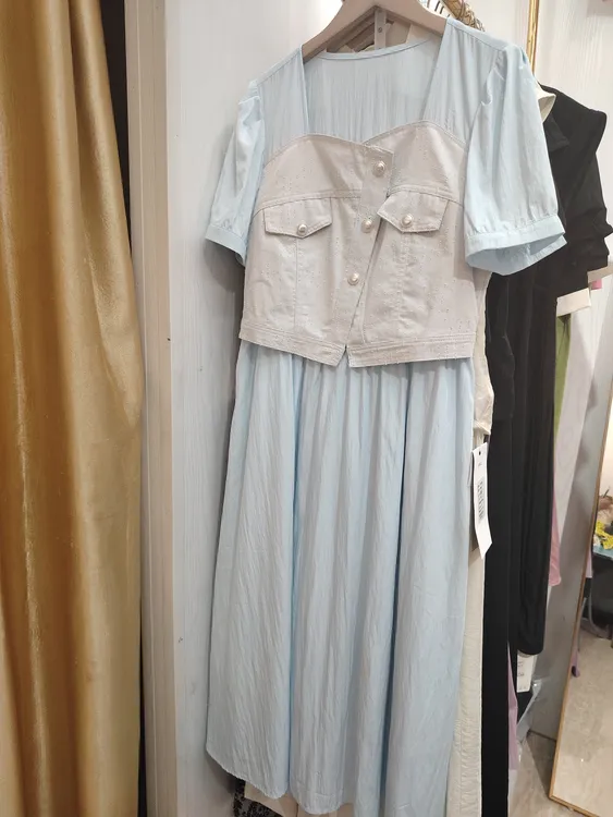 夏季新款撞色假两件设计感气质减龄中长款连衣裙