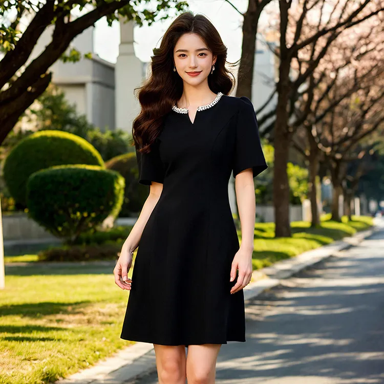 奢姿大码女装2025夏季圆领赫本风气质连衣裙胖妹妹钉珠时尚裙子