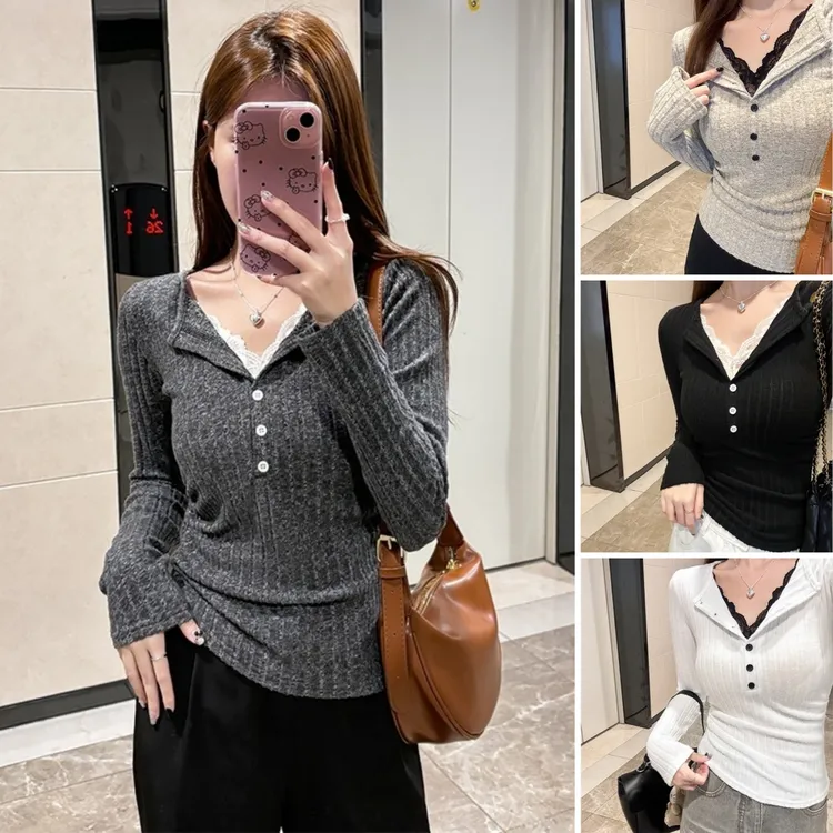 【一衣两穿】秋冬法式浪漫蕾丝假两件V领针织小衫女长袖上衣S11453