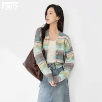 【对白】D01对白复古渐变晕染条纹针织开衫女短款毛衣外套EDE235