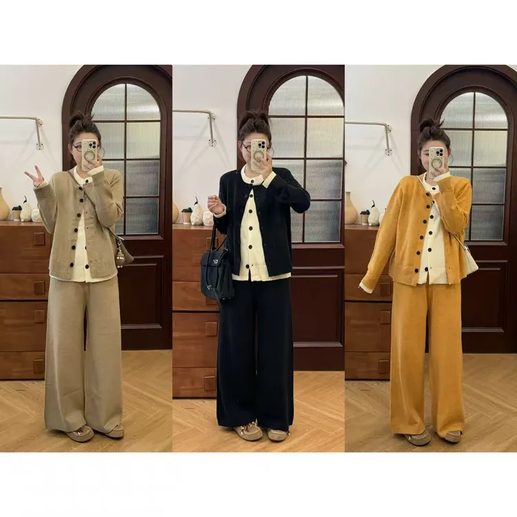 晶咕佳佳【风吹杏仁】假两件纯色针织圆领+全腰松紧纯色针织阔腿裤