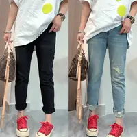 【不得不爱】2025春季新款时尚百搭假破洞四面弹水洗复古牛仔烟管裤