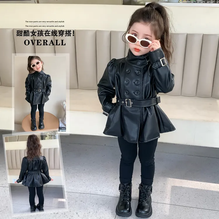 女童秋冬季加绒皮衣外套2025新款女宝宝洋气中长款收腰皮风衣外套