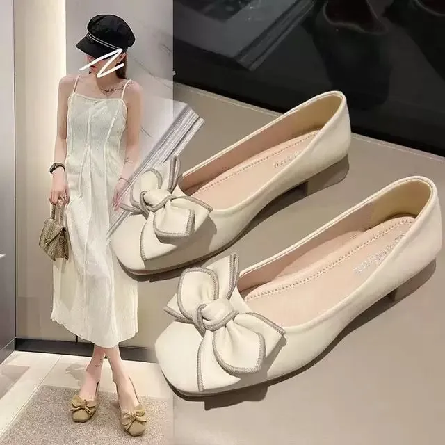 【撤柜撕标】真皮单鞋女2025新款一脚蹬浅口蝴蝶结防滑平底豆豆鞋