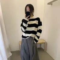 lovely@m3635 不要机洗！韩系休闲百搭撞色条纹圆领毛衣 12-15