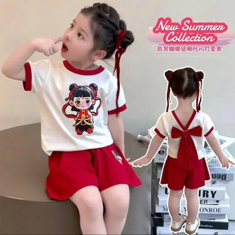 2025夏装女卡通风女童蝴蝶结套装时尚童装网红卡通哪吒短裤套装