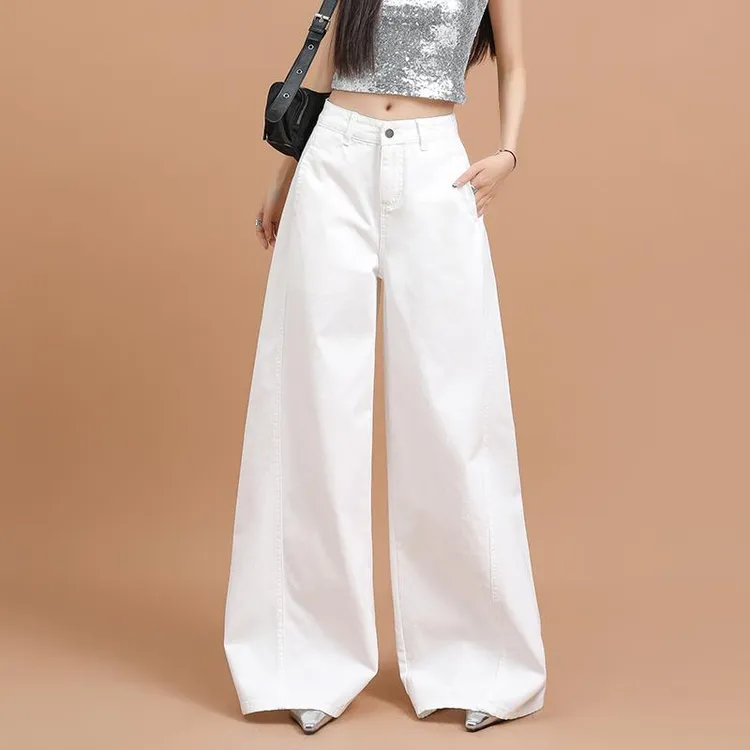 春秋白色裤子大阔腿牛仔裤女2026新款潮牌胖mm欧韩货高端拖地加长