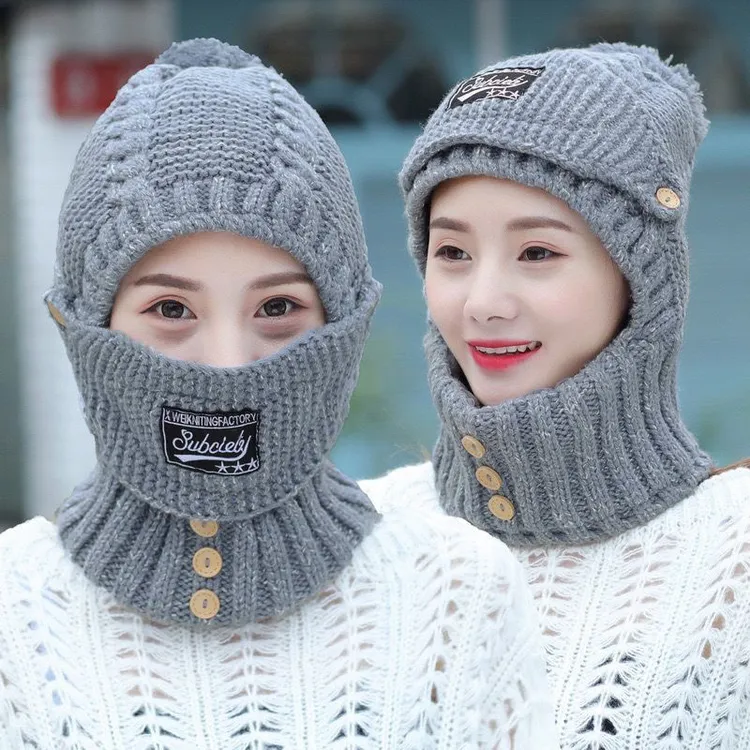 帽子女骑车护耳加绒毛线帽针织帽子围脖一体女冬超厚带口罩可拆卸
