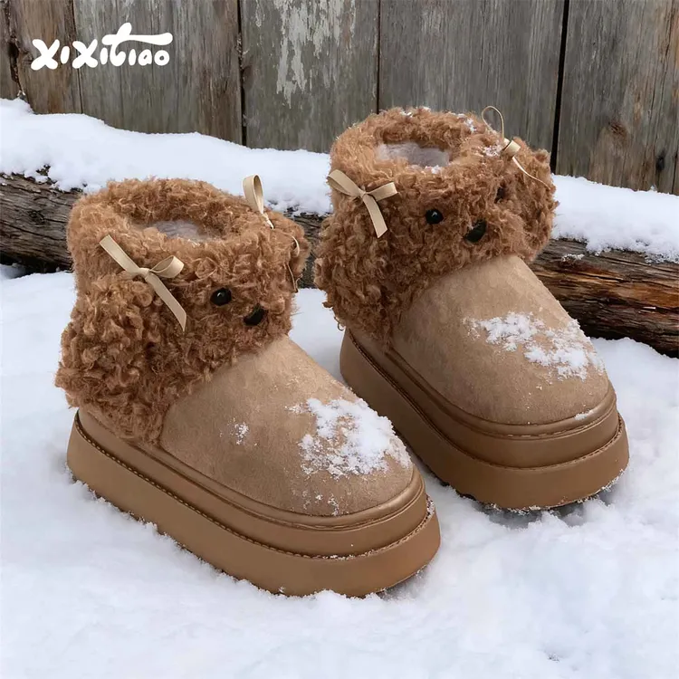 细细条 外穿软萌泰迪狗狗加绒雪地靴女保暖防滑少女心时尚棉靴冬