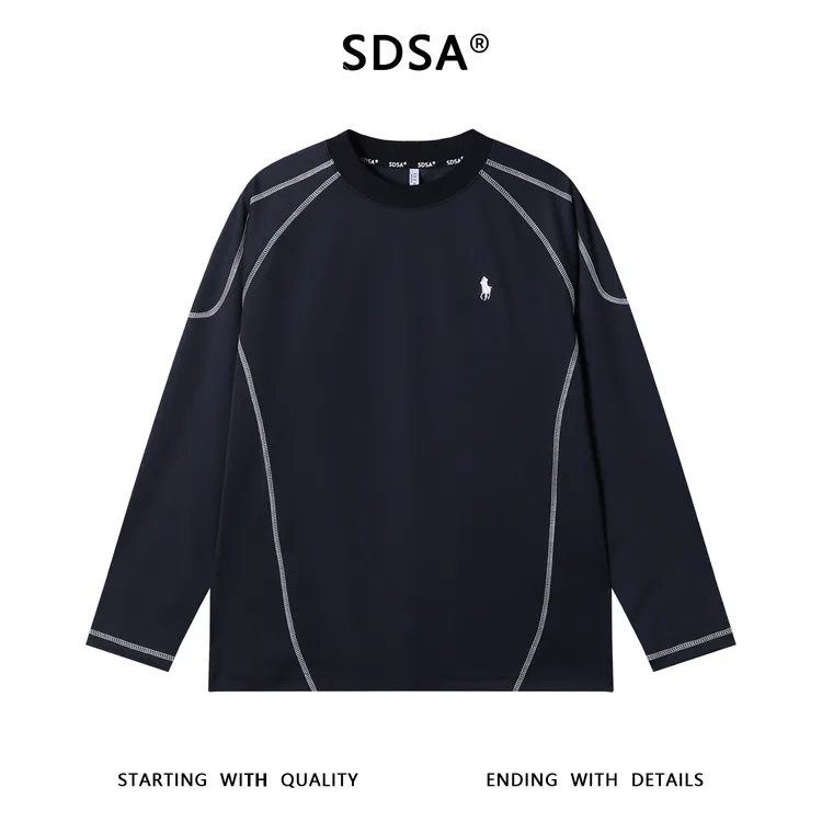 SDSA男士秋冬新款痞帅男装舒适撞色明线刺绣标圆领长袖T恤百搭潮