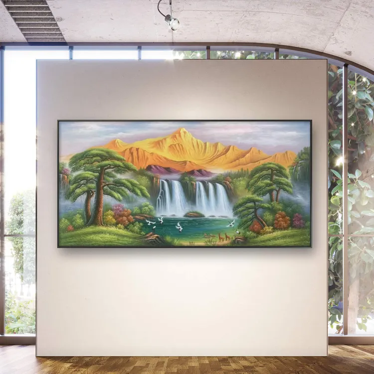 山水风景装饰画客厅沙发背景墙挂画纯手工金山聚宝盆横版壁画简约
