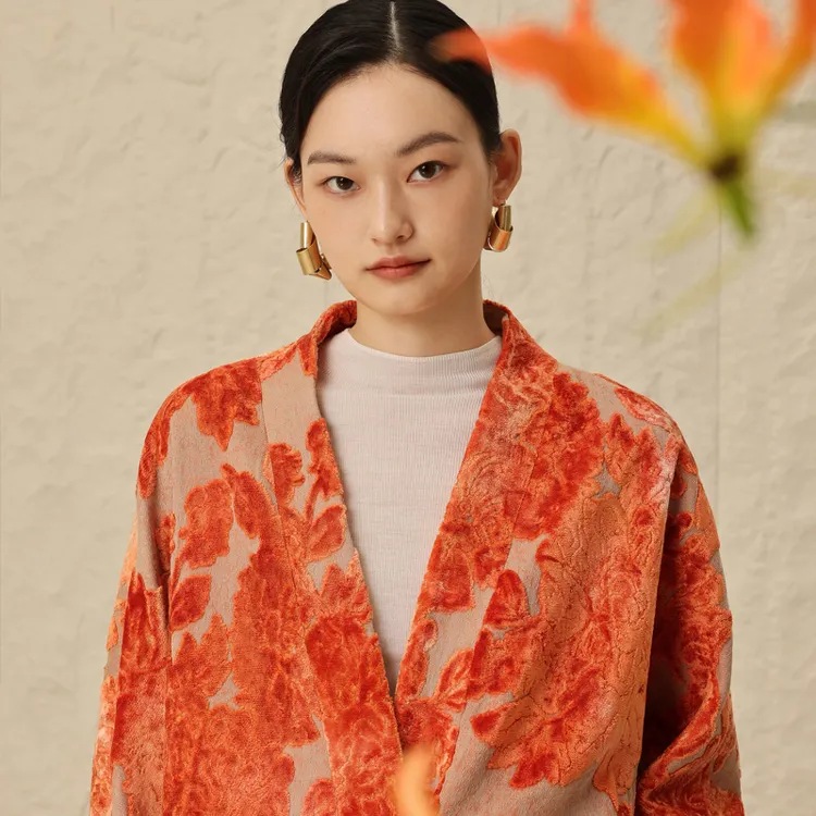 如意连云【昕绒】秋款扎染割绒连领短外套女新中式翻袖口盘扣上衣