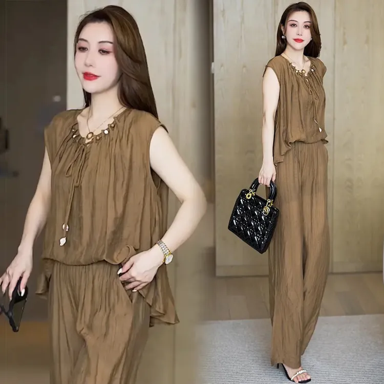 设计感休闲套装女2025年夏季新款洋气减龄无袖上衣阔腿裤两件套潮