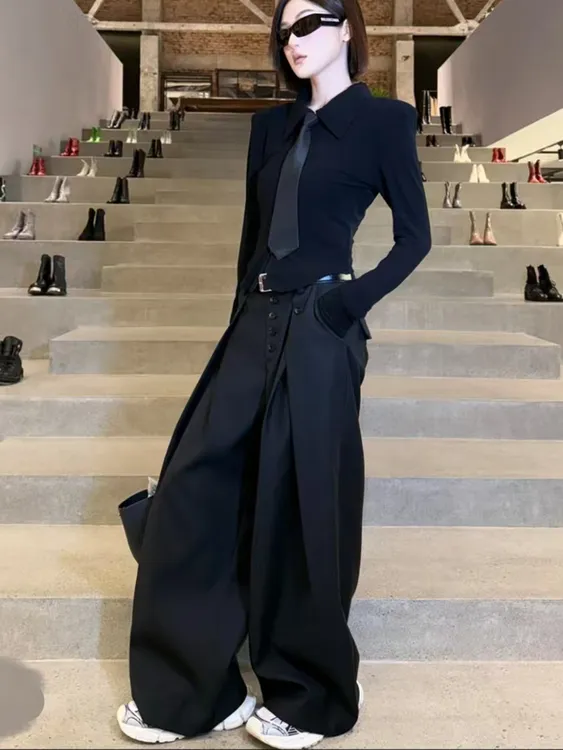 领带设计时尚上衣搭阔腿裤秋季2025新款韩系高级感穿搭休闲套装女