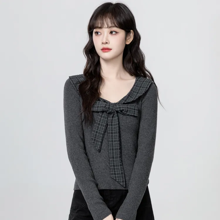 深灰色蝴蝶结长袖针织衫女春秋2025秋季新款格纹拼接V领短款上衣
