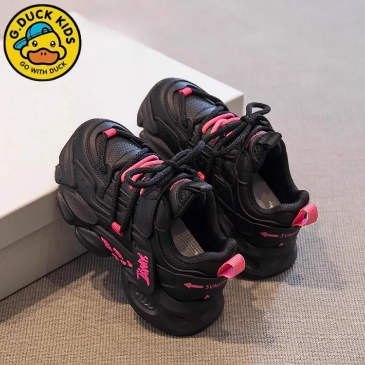 小黄鸭女童运动鞋2025新款秋冬季女孩黑色皮面老爹鞋加绒儿童鞋子