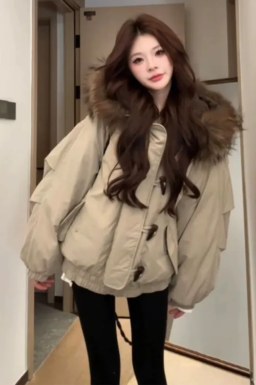 2025新款大毛领棉衣连帽加厚美式牛角扣网红棉服女冬季保暖外套潮