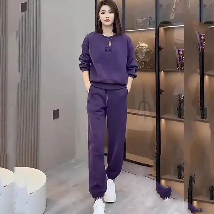 时尚秋冬新款休闲运动卫衣套装女加绒加厚圆领长袖上衣卫裤两件套