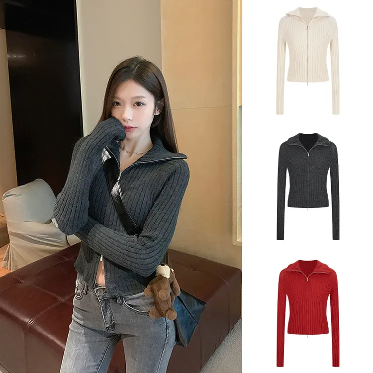 MosesQueen/魔西女王高领双拉链毛衣针织衫修身保暖开衫上衣女冬