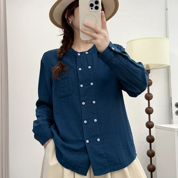 双层棉纱圆领湖蓝色显白宽松时尚女士衬衫双扣设计款简单大方衬衫