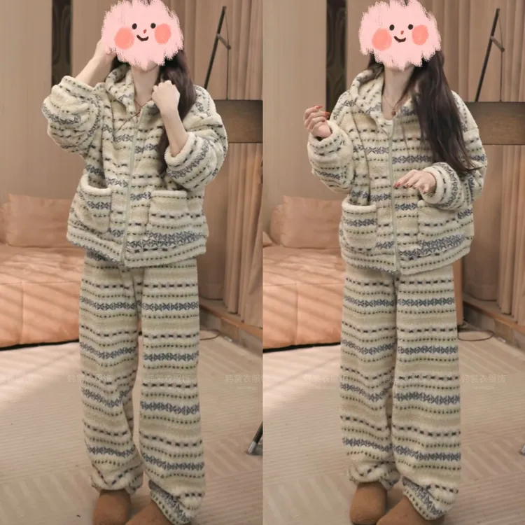 冬装韩版对条连帽常规款软乎保暖睡衣套装