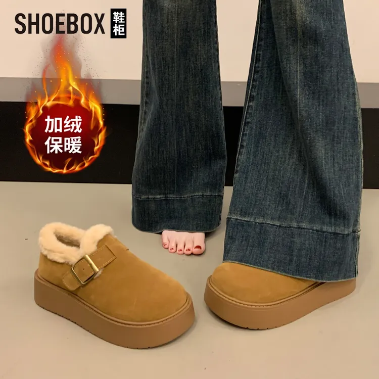 达芙妮集团旗下厚底加绒豆豆勃肯鞋女冬季外穿毛毛面包鞋保暖棉鞋