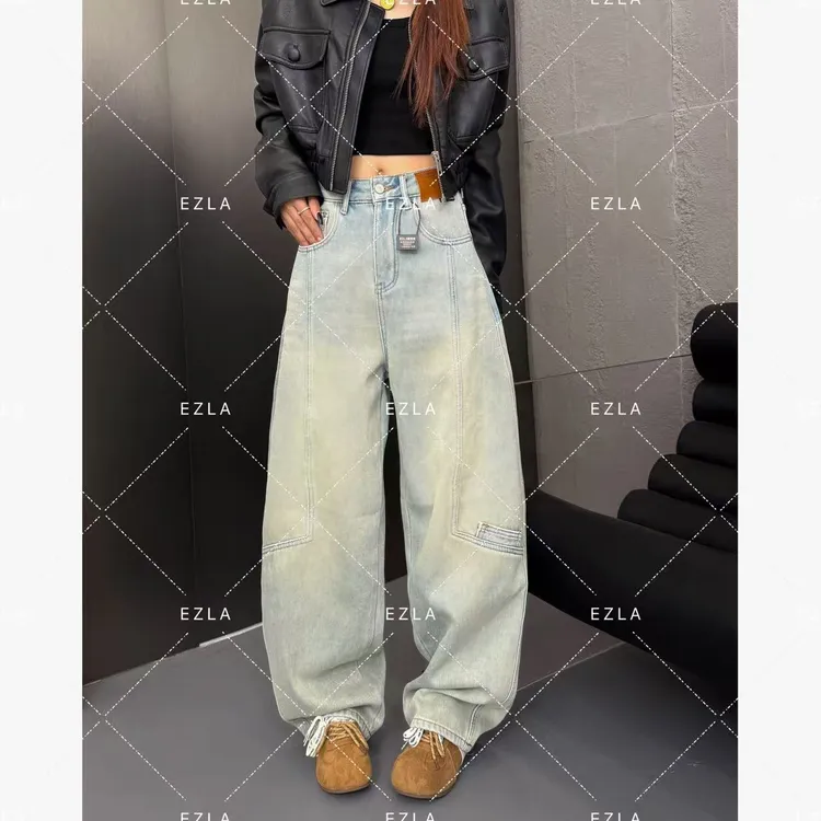 EZ8638新款加绒宽松时髦洋气弯刀裤氛围感穿搭百搭显瘦网红牛仔裤