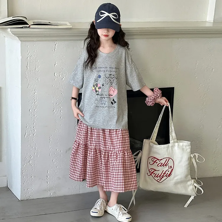 女童夏季套装2025新款儿童时髦洋气夏装大童短袖T恤半身裙两件套