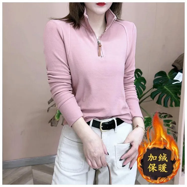 啄木鸟螺纹德绒立领德绒女款上衣秋冬拉链加绒内搭妈妈装长袖t恤