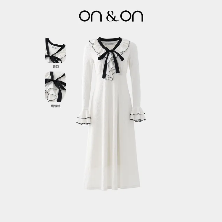 ON&ON/安乃安冬季新款韩系荷叶边领蝴蝶结针织加绒裙-NNAU1645407