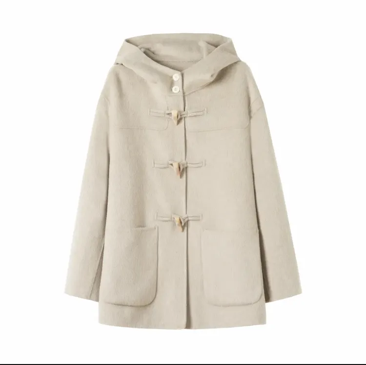 【芊雅】时尚宽松牛角扣连帽双面羊毛大衣秋冬休闲洋气女款