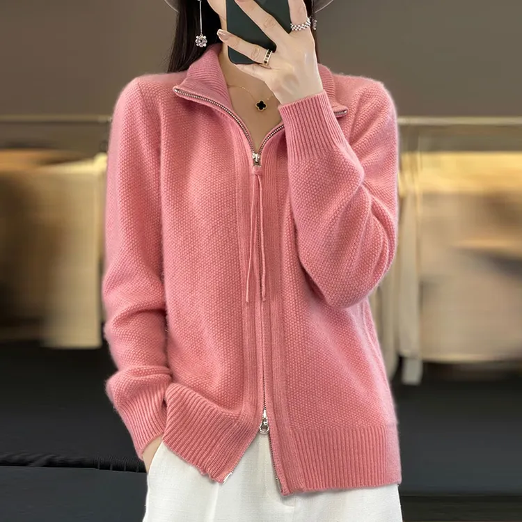 100纯羊毛衫女士加厚毛衣立领秋冬双向拉链羊绒开衫时尚百搭外套